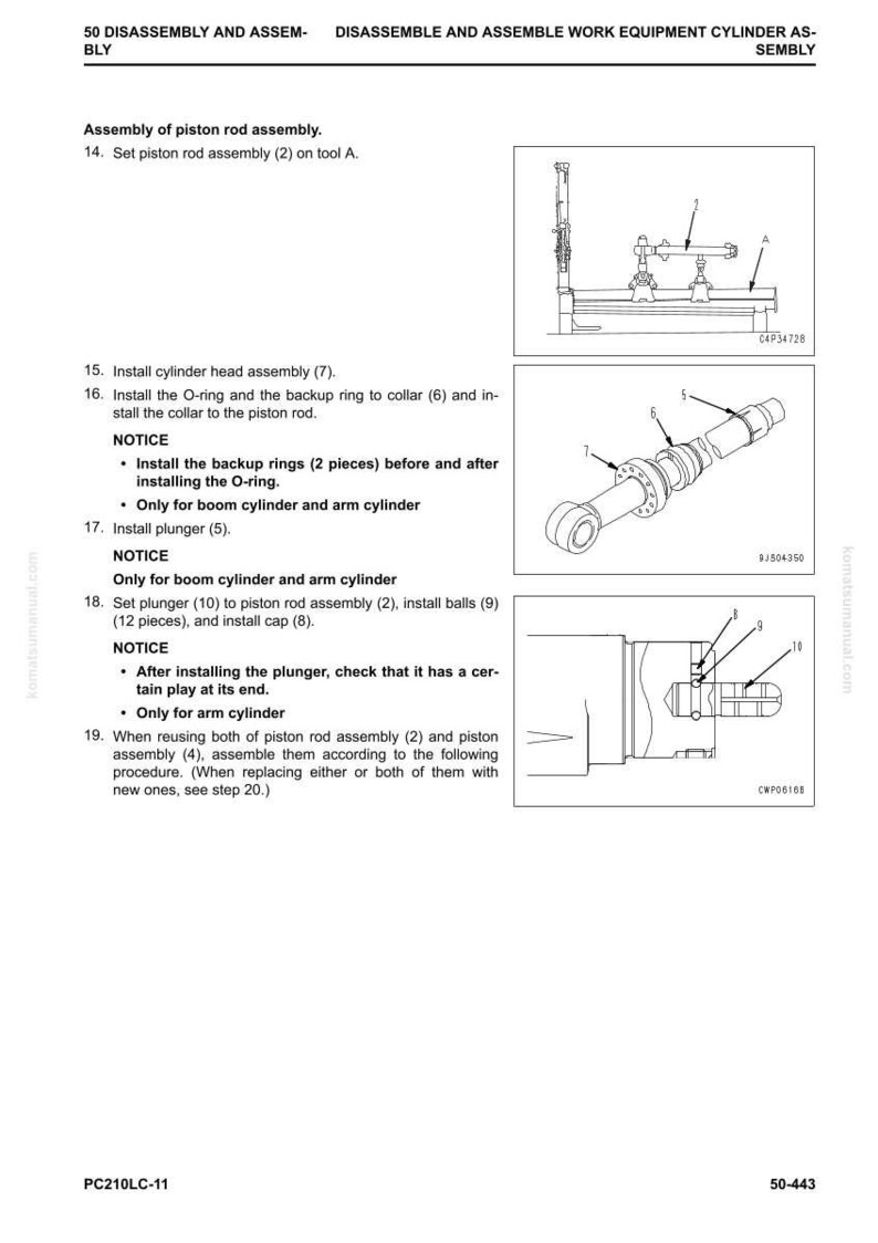 May include: Diagram of a cylinder assembly with labeled parts and instructions for disassembly and assembly. Includes illustrations of piston rod assembly, cylinder head assembly, and plunger installation. Text includes notices and step-by-step procedures.