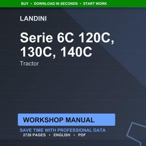 K&ouml;nnte beinhalten: Digitales Werkstatthandbuch f&uuml;r Landini Serie 6C Traktoren, einschlie&szlig;lich der Modelle 120C, 130C und 140C. Das Handbuch ist in englischer Sprache und enth&auml;lt 2726 Seiten mit professionellen Daten. Dunkelblauer Hintergrund, wei&szlig;er Text und gr&uuml;nes Banner.