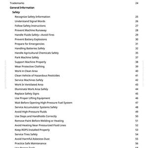 May include: A page from a manual titled "Table of Contents" with a list of safety-related topics. The text is black on a white background. Topics include safety instructions, handling fluids, and avoiding hazards. The page number is 2.