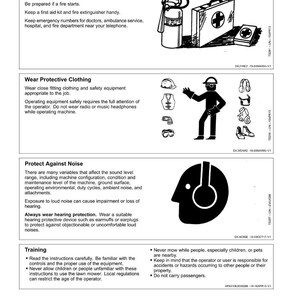 May include: Safety information graphic with illustrations. Features a fire extinguisher, first aid kit, and safety equipment icons. Includes a person wearing protective gear and a diagram about noise protection. Text advises on emergency preparedness, protective clothing, and noise protection.
