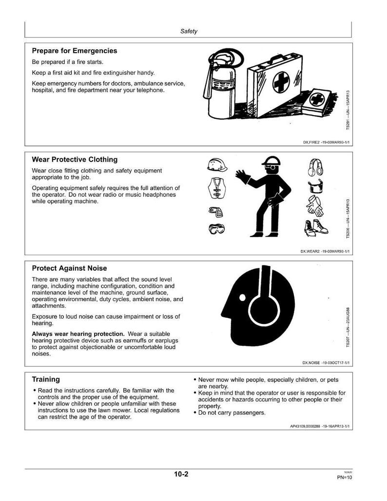 May include: Safety information graphic with illustrations. Features a fire extinguisher, first aid kit, and safety equipment icons. Includes a person wearing protective gear and a diagram about noise protection. Text advises on emergency preparedness, protective clothing, and noise protection.