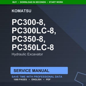 Op de afbeelding: Een digitale servicehandleiding voor Komatsu hydraulische graafmachines, inclusief de modellen PC300-8, PC300LC-8, PC350-8 en PC350LC-8. De handleiding is gelabeld "Service Manual" en bevat 1080 pagina's met professionele gegevens.