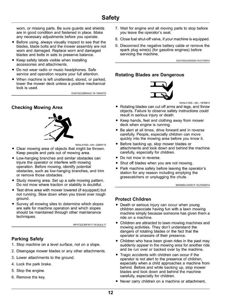 May include: A page from a safety manual for a lawn mower, with sections on safety, checking the mowing area, and parking safely. The manual includes warnings about rotating blades and protecting children, with illustrations and numbered instructions.
