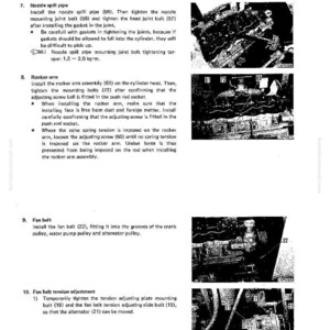 Puede incluir: Una p&aacute;gina de un manual que detalla el desmontaje y montaje de la culata. El texto describe los pasos para instalar la tuber&iacute;a de derrame de la boquilla, el conjunto del balanc&iacute;n y la correa del ventilador. Se incluyen diagramas con piezas numeradas.
