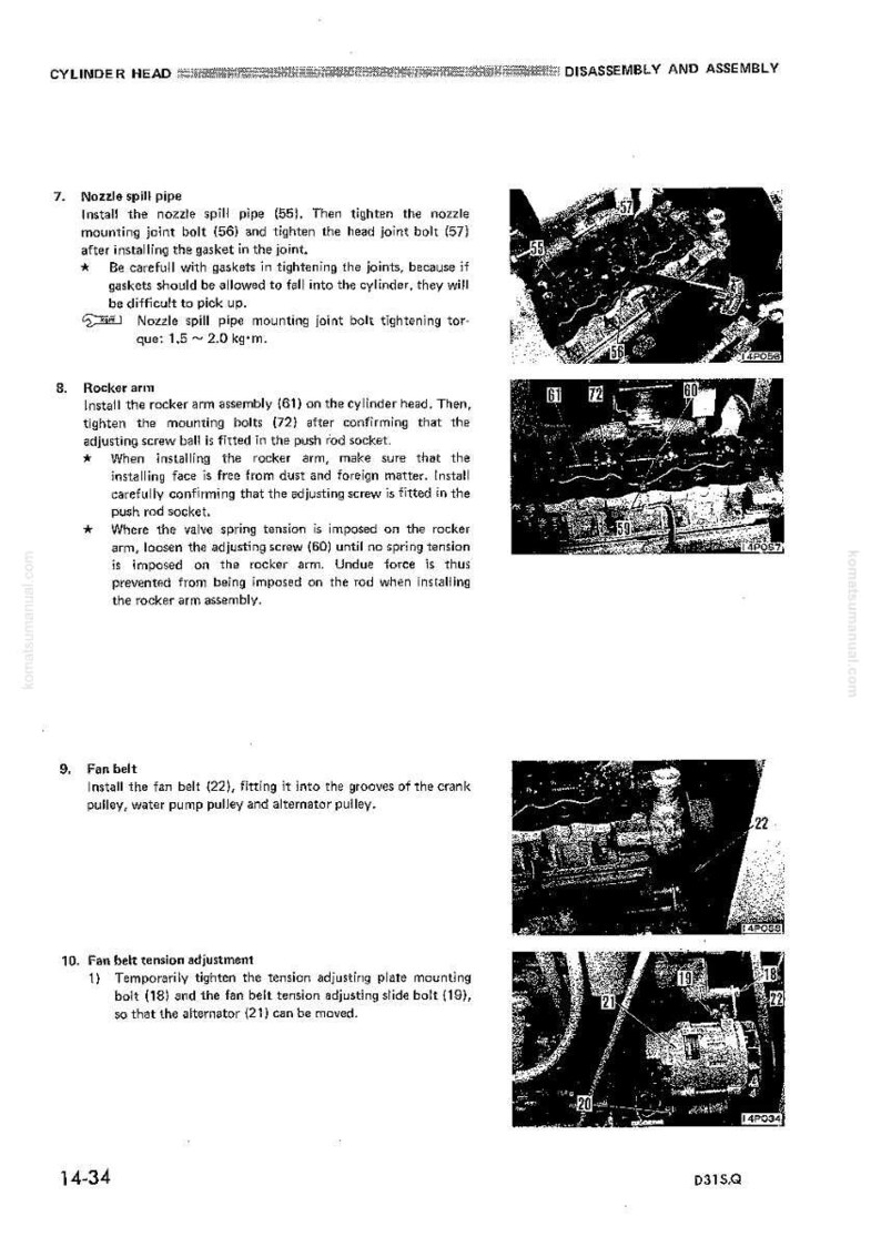 Puede incluir: Una p&aacute;gina de un manual que detalla el desmontaje y montaje de la culata. El texto describe los pasos para instalar la tuber&iacute;a de derrame de la boquilla, el conjunto del balanc&iacute;n y la correa del ventilador. Se incluyen diagramas con piezas numeradas.