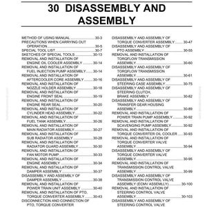 May include: A detailed contents page from a manual, titled "30 Disassembly and Assembly." The document lists various procedures, including removal, installation, and disassembly of engine components, with page numbers for each section.