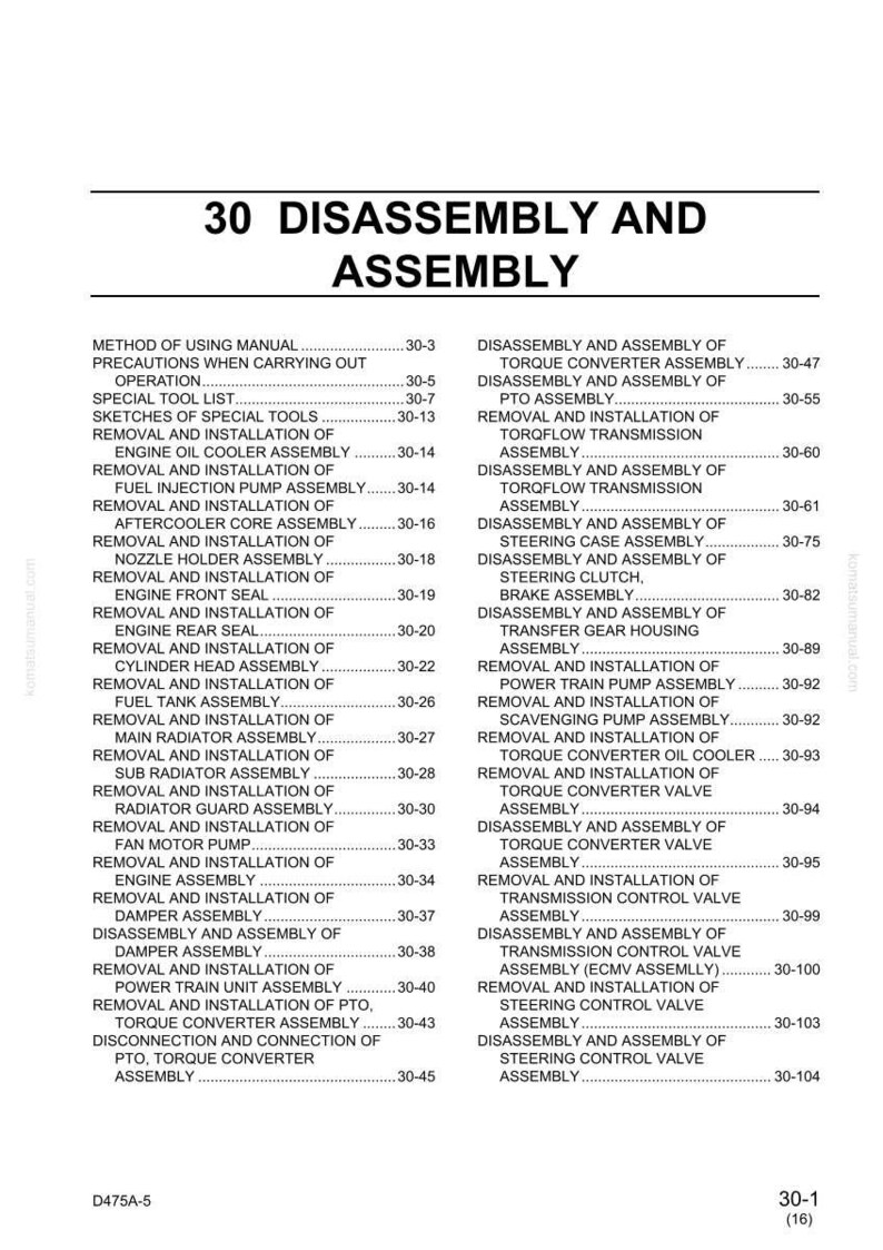 May include: A detailed contents page from a manual, titled "30 Disassembly and Assembly." The document lists various procedures, including removal, installation, and disassembly of engine components, with page numbers for each section.