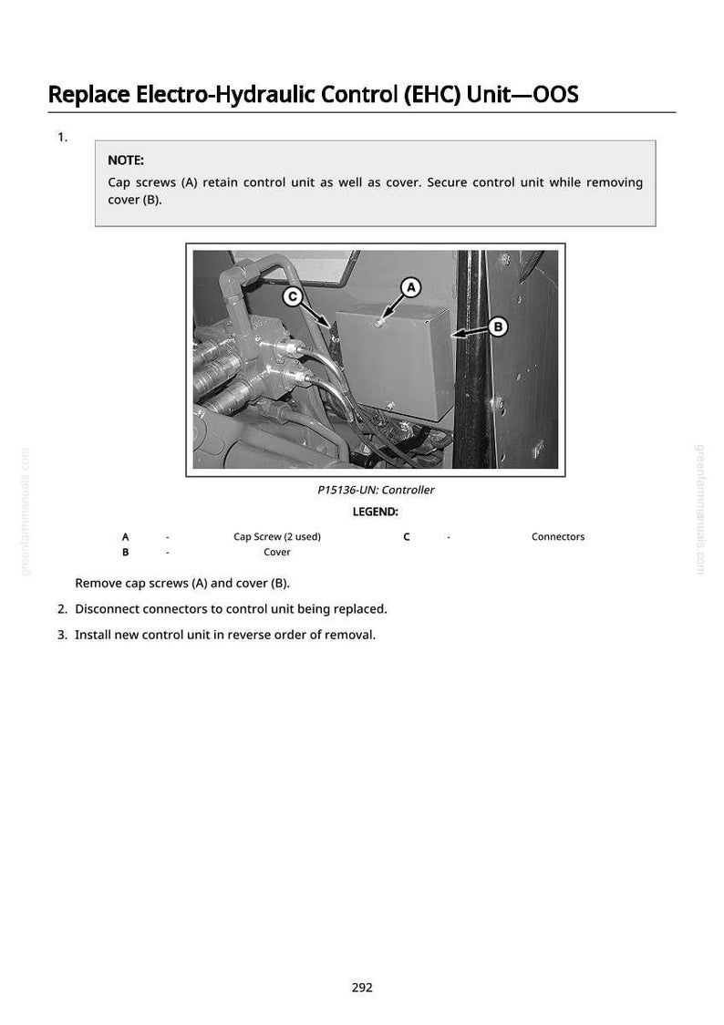 May include: Diagram illustrating the replacement of an electro-hydraulic control unit. The image shows the control unit, labelled parts, and instructions for removal and installation. Text includes "Replace Electro-Hydraulic Control (EHC) Unit-OOS".