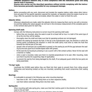 May include: A page from a manual with the title "General Instructions" and the Landini logo. The text provides instructions for maintenance and repair, including battery, adjuster shims, and spinning shaft seals. The page is white with black text.