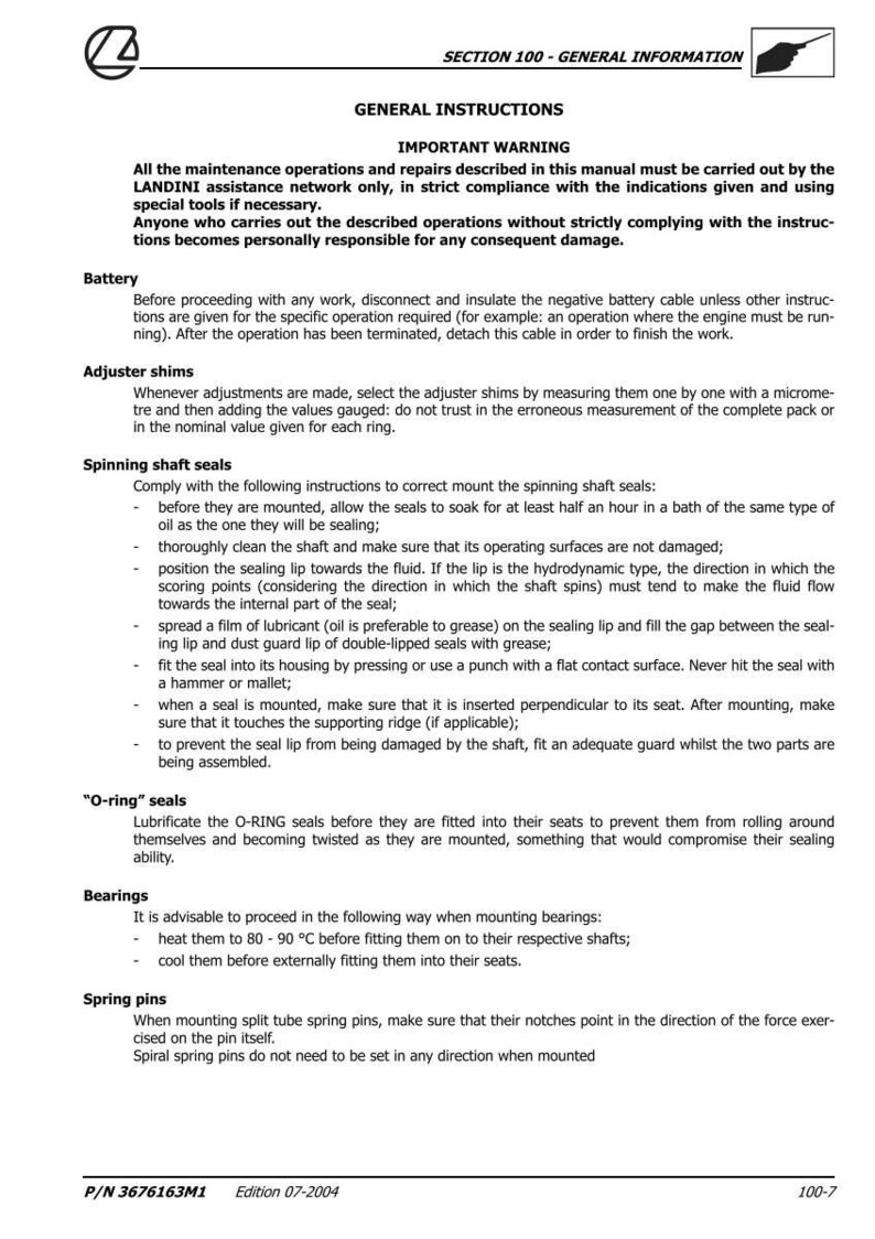 May include: A page from a manual with the title "General Instructions" and the Landini logo. The text provides instructions for maintenance and repair, including battery, adjuster shims, and spinning shaft seals. The page is white with black text.