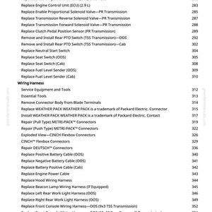 May include: A page from a manual with a list of automotive repair and replacement parts. The text includes items like "Replace Engine Control Unit," "Wiring Harness," and "Connectors," along with page numbers.