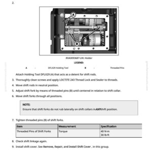 May include: Technical diagram detailing the adjustment of a range shift mechanism. The image shows internal components with labels and a legend. Instructions include tightening threaded pins to a torque of 40 N&middot;m. The text provides step-by-step guidance.