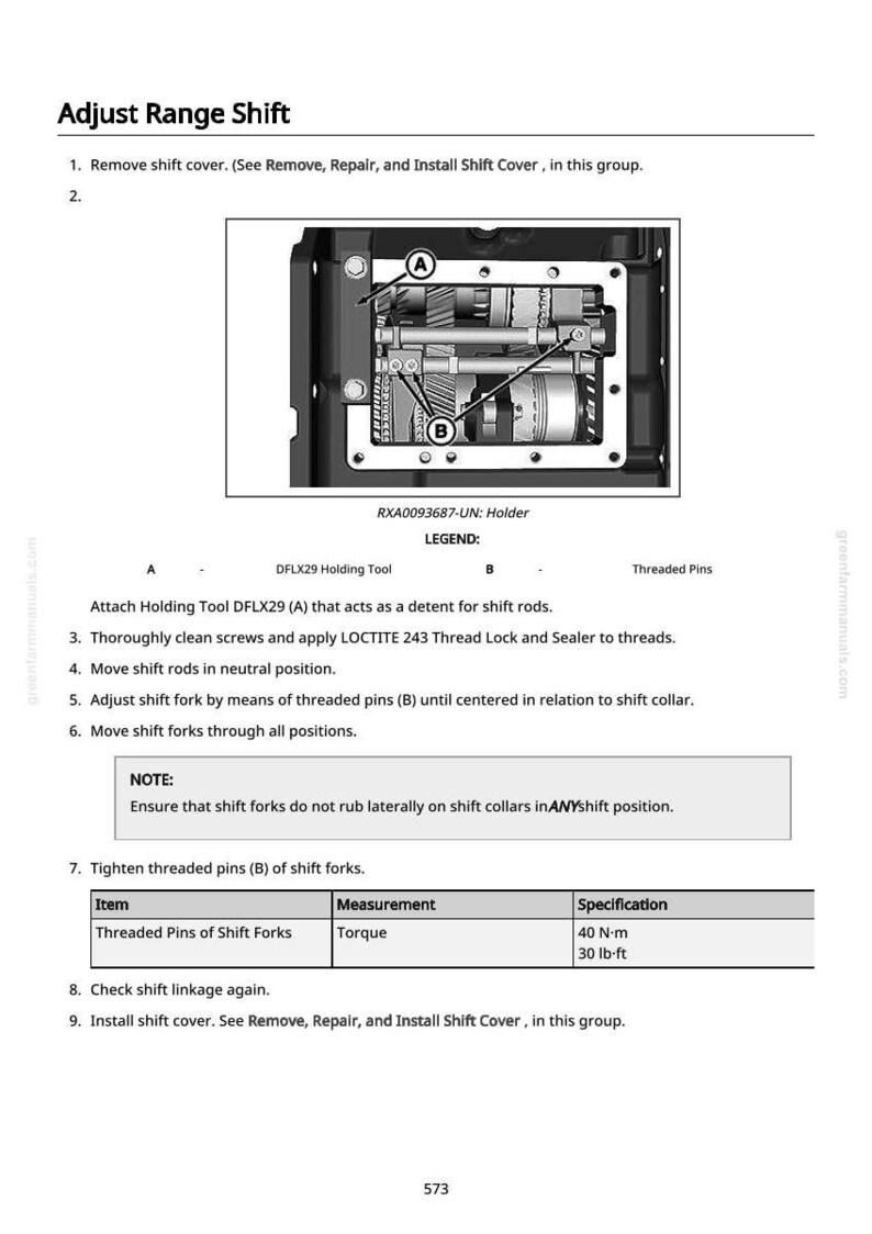 May include: Technical diagram detailing the adjustment of a range shift mechanism. The image shows internal components with labels and a legend. Instructions include tightening threaded pins to a torque of 40 N&middot;m. The text provides step-by-step guidance.