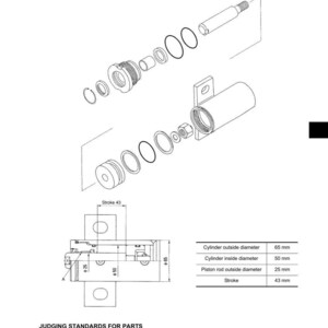 May include: Diagram of a tilt cylinder assembly, showing disassembled parts and dimensions. The cylinder outside diameter is 65 mm, inside diameter is 50 mm, and piston rod diameter is 25 mm. Stroke is 43 mm. Text includes "Disassembly and Assembly" and "Judging Standards for Parts."