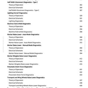 May include: A white document page with a table of contents for a manual. The text includes diagnostic topics such as "Half Width Disconnect" and "Marker Raise-Lower." Page numbers are listed on the right.