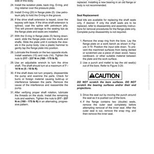 Pu&ograve; includere: Una pagina di un manuale di riparazione di componenti idraulici con testo e diagrammi. Le sezioni includono istruzioni per la sostituzione di cuscinetti e guarnizioni, con specifiche di coppia in Newton-metri. Il manuale include anche una sezione di attenzione.