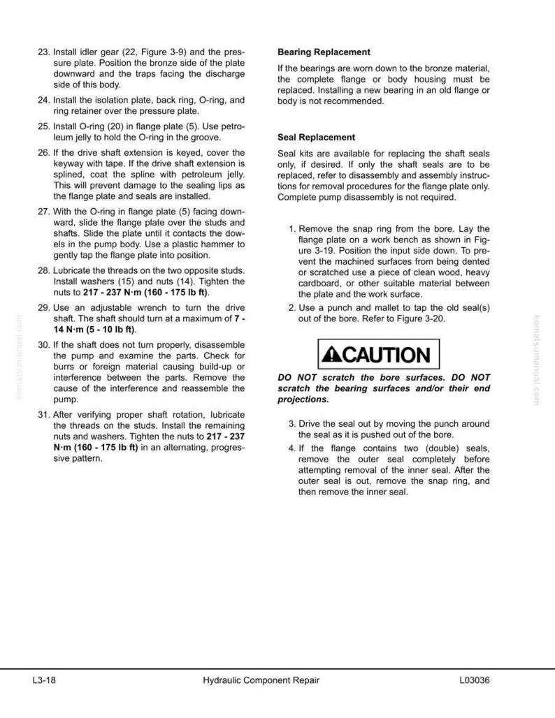 Pu&ograve; includere: Una pagina di un manuale di riparazione di componenti idraulici con testo e diagrammi. Le sezioni includono istruzioni per la sostituzione di cuscinetti e guarnizioni, con specifiche di coppia in Newton-metri. Il manuale include anche una sezione di attenzione.