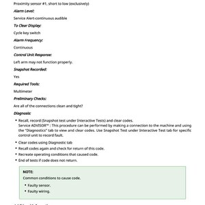 K&ouml;nnte beinhalten: Ein wei&szlig;es Dokument mit dem Titel "VCU 516184.04 - Proximity Sensor #1", das technische Details enth&auml;lt. Es listet Codes, Alarme und Diagnosen auf, mit Hinweisen auf m&ouml;gliche Ursachen wie fehlerhafte Sensoren oder Verkabelung.