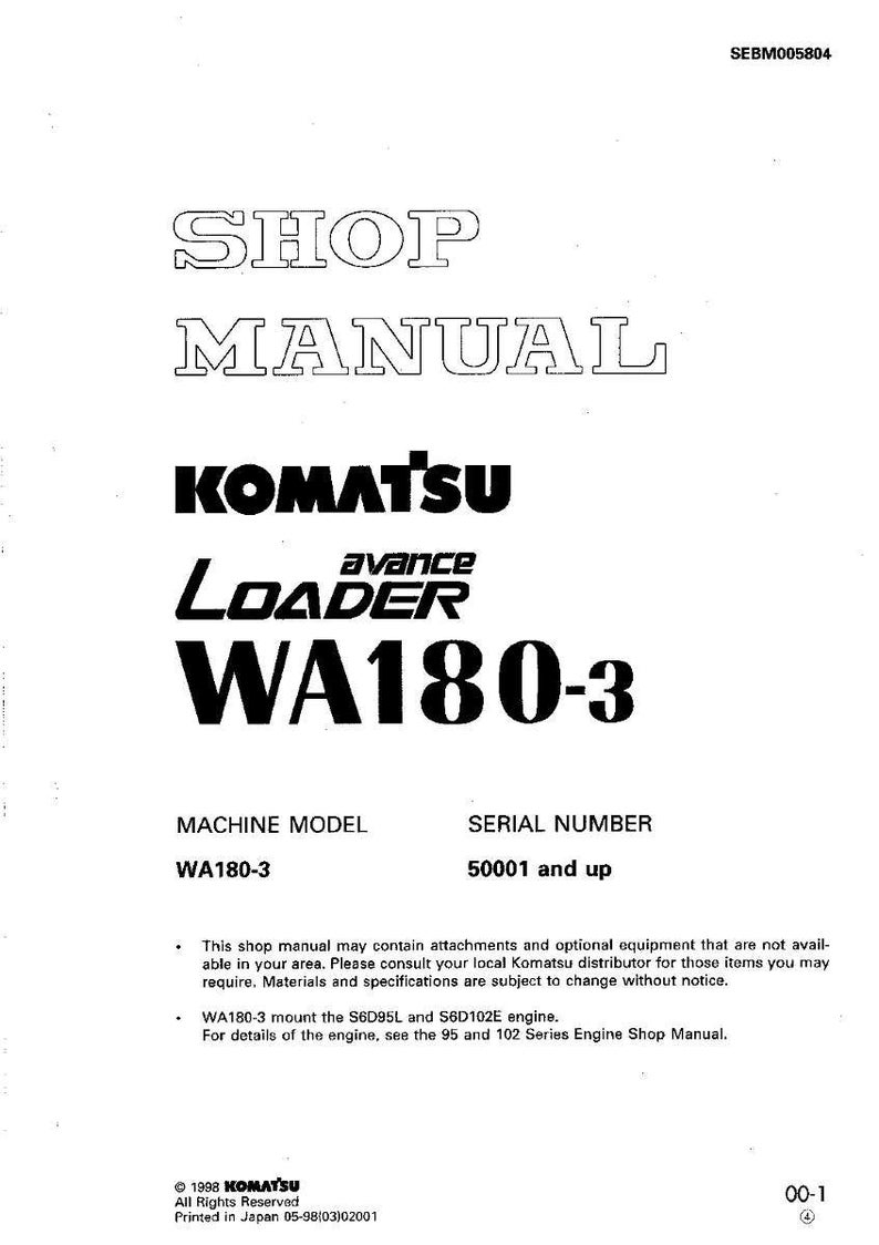 May include: A white shop manual with black text. The cover features the words "SHOP MANUAL" and the Komatsu logo, along with "avance LOADER WA180-3". The machine model is WA180-3, and the serial number is 50001 and up.