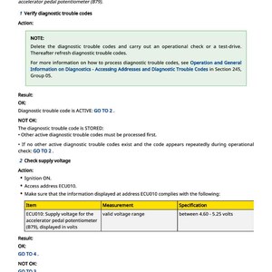 May include: A diagnostic document with the title "ECU 003510.03 - Sensor Supply Voltage 2 Too High." The document provides instructions for verifying diagnostic trouble codes, checking supply voltage, and checking the circuit. The specification for the voltage range is between 4.60-5.25 volts.