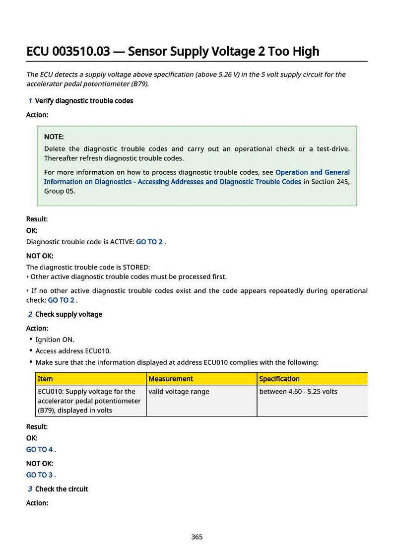 May include: A diagnostic document with the title "ECU 003510.03 - Sensor Supply Voltage 2 Too High." The document provides instructions for verifying diagnostic trouble codes, checking supply voltage, and checking the circuit. The specification for the voltage range is between 4.60-5.25 volts.