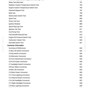 May include: A white page featuring a list of automotive tests and connector details. The text includes terms such as "Fuse Test," "Diode Test," and "C2 Box Lift Switch Connector," alongside associated page numbers.