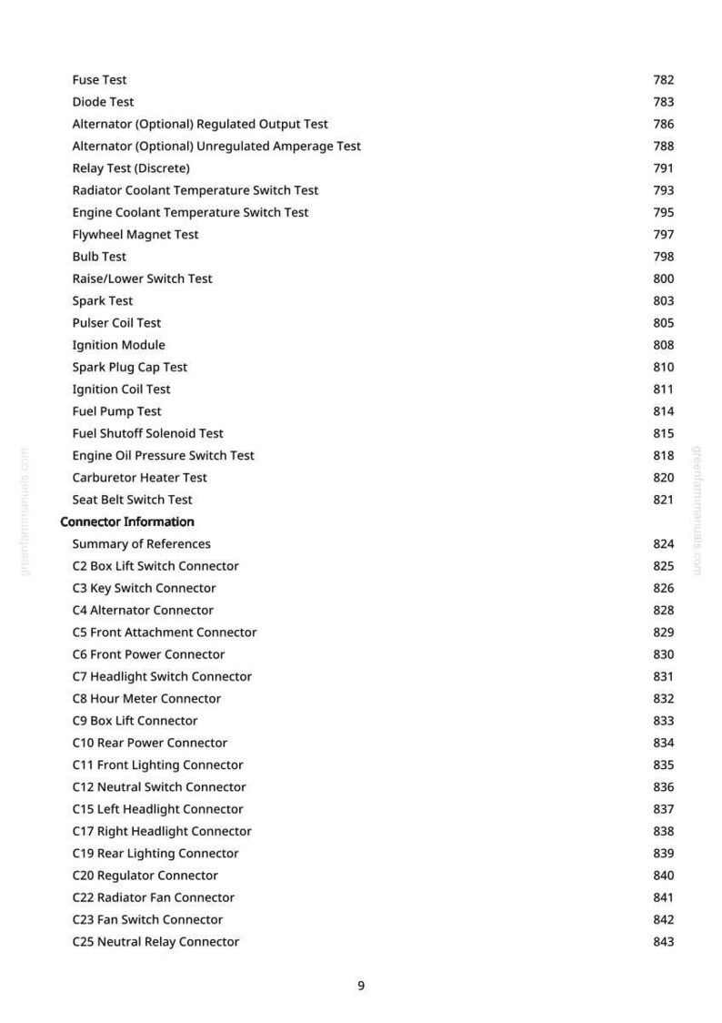 May include: A white page featuring a list of automotive tests and connector details. The text includes terms such as "Fuse Test," "Diode Test," and "C2 Box Lift Switch Connector," alongside associated page numbers.