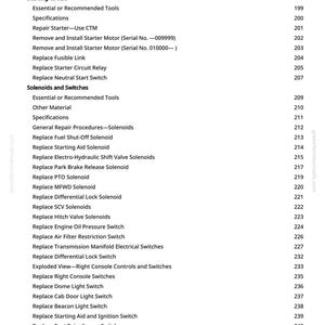 May include: A white page from a manual with a list of repair procedures for a vehicle's electrical and starting systems. The text includes topics like "Replace Alternator," "Replace Starter Circuit Relay," and "Replace PTO Solenoid."