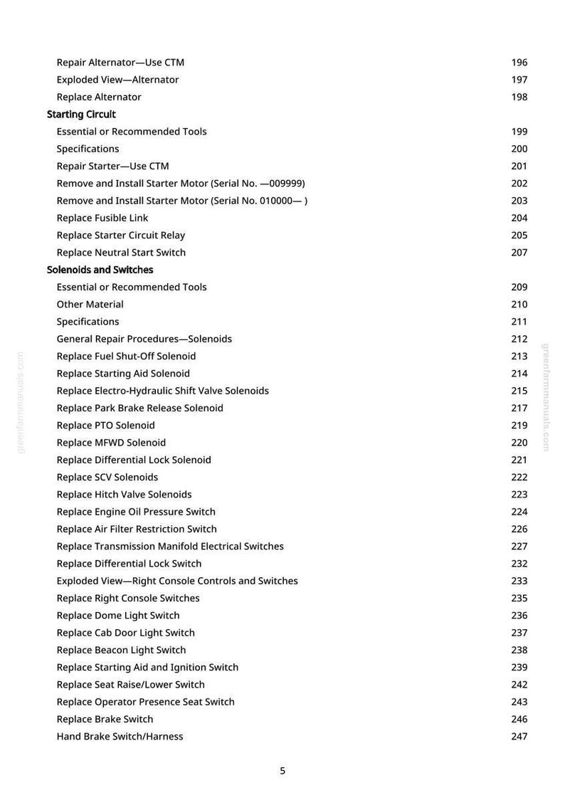 May include: A white page from a manual with a list of repair procedures for a vehicle's electrical and starting systems. The text includes topics like "Replace Alternator," "Replace Starter Circuit Relay," and "Replace PTO Solenoid."