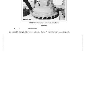 May include: An illustration from a manual shows a diagram of a machine component labeled "Gathering Drum." The image includes the text "KM1001752" and instructions for removing the drum from a rotary harvesting unit.