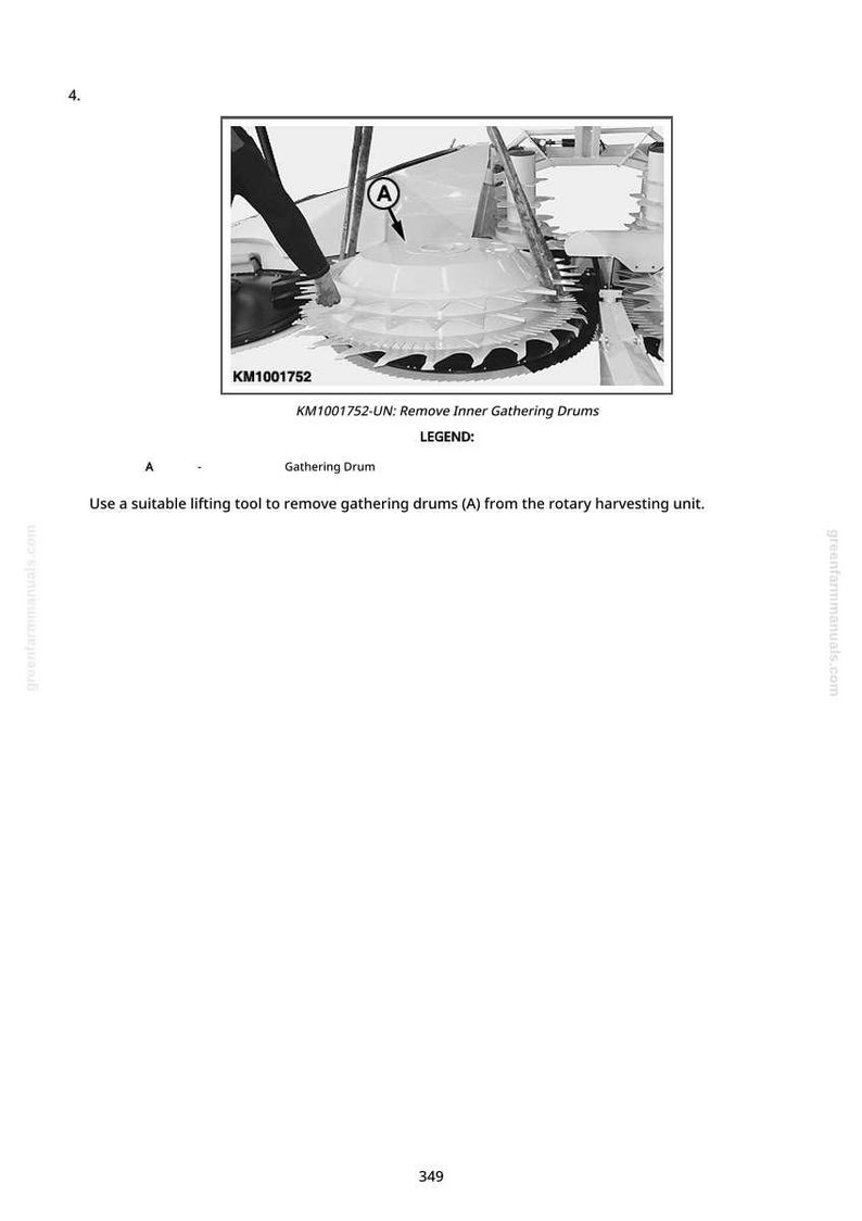 May include: An illustration from a manual shows a diagram of a machine component labeled "Gathering Drum." The image includes the text "KM1001752" and instructions for removing the drum from a rotary harvesting unit.