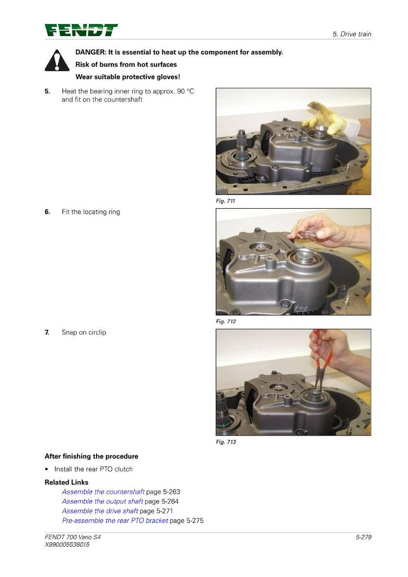 May include: An instructional diagram from Fendt shows the assembly of a machine component. The image includes text warnings about burns and the need for gloves. The process involves heating a bearing ring to 90&deg;C.