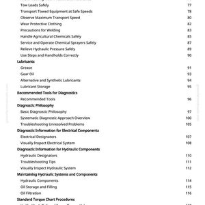 May include: A page from a manual with a table of contents. The text includes safety precautions, diagnostic information, and procedures for equipment maintenance. Page numbers are listed on the right.