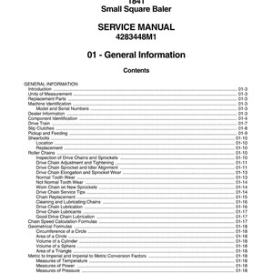 May include: A service manual for a Massey Ferguson 1841 Small Square Baler. The cover displays the Massey Ferguson logo, model information, and the title "SERVICE MANUAL". The table of contents lists various sections, including general information, drive train, and geometrical formulas.