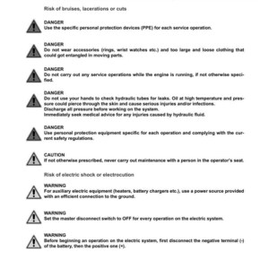 May include: A white document with safety warnings for Argo Tractors. The document includes danger, caution, and warning notices with safety instructions. The text advises on the use of personal protective equipment and avoiding hazards like electric shock.