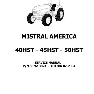 May include: A black and white line drawing of a tractor with the text "MISTRAL AMERICA" and "40HST - 45HST - 50HST". Below the text is "SERVICE MANUAL" and other details. The Landini logo is at the bottom.