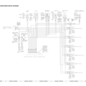 May include: Air conditioner circuit diagram with text at the top. The diagram is a complex network of lines, boxes, and symbols, all in black and white. The diagram includes labels and notations, providing detailed information about the air conditioning system's components and connections.