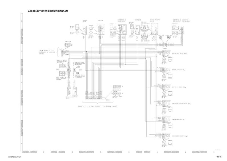 May include: Air conditioner circuit diagram with text at the top. The diagram is a complex network of lines, boxes, and symbols, all in black and white. The diagram includes labels and notations, providing detailed information about the air conditioning system's components and connections.
