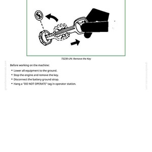 Puede incluir: Diagrama que ilustra la extracci&oacute;n de una llave de una m&aacute;quina, con flechas direccionales. El texto dice "Park Machine Safely" y "TS230-UN: Remove the Key". Las instrucciones se enumeran debajo.