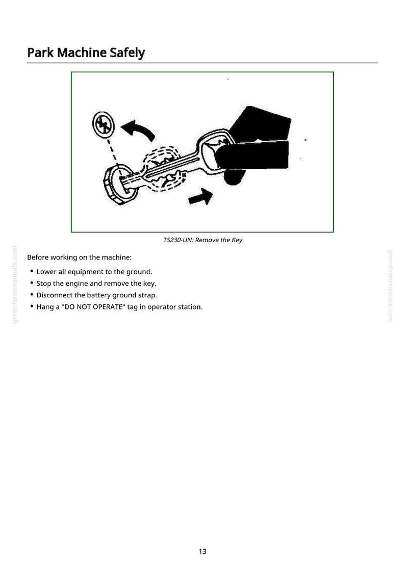 Puede incluir: Diagrama que ilustra la extracci&oacute;n de una llave de una m&aacute;quina, con flechas direccionales. El texto dice "Park Machine Safely" y "TS230-UN: Remove the Key". Las instrucciones se enumeran debajo.