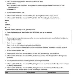 May include: A detailed technical document with troubleshooting steps for a vehicle's electrical system. Includes instructions for checking battery voltage, power supply, and wiring connections. Features a table with item and measurement specifications.