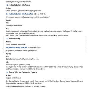 May include: A white page with black text detailing hydraulic system troubleshooting steps. The text includes instructions for checking relief valves, hydraulic pumps, and control valves, with references to specific manuals and tests.