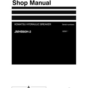 K&ouml;nnte beinhalten: Wei&szlig;es Werkstatthandbuch mit schwarzem Text. Das Handbuch ist f&uuml;r einen Komatsu-Hydraulikhammer, Modell JMHB80H-2. Das Cover enth&auml;lt den Text "Shop Manual" und das Komatsu-Logo. Die Seriennummer lautet 02501-.