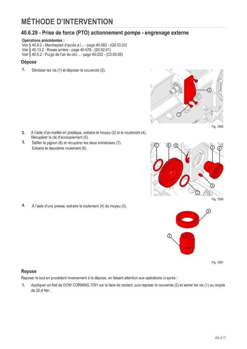 Op de afbeelding: Technisch diagram met Franse tekst. De afbeelding toont explosietekeningen van tandwielen, lagers en andere onderdelen, met labels en instructies voor demontage en montage.