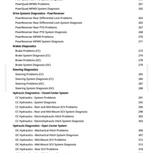 May include: A white-background page from a manual with a table of contents. The text lists various diagnostic categories, including PowrQuad, Drive Systems, Brakes, Steering, and Hydraulic Diagnostics, with corresponding page numbers.