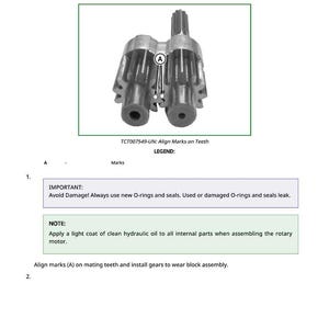 K&ouml;nnte beinhalten: Diagramm einer Rotationsmotorbaugruppe mit dem Text "Assemble Rotary Motor" und "TCT007549-UN: Align Marks on Teeth." Das Bild enth&auml;lt Anweisungen zum Ausrichten von Markierungen und zur Verwendung neuer O-Ringe.