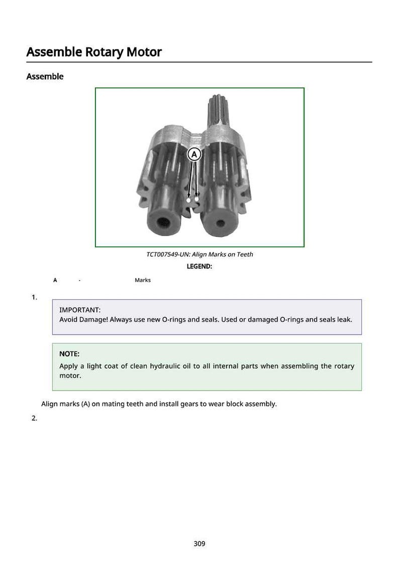 K&ouml;nnte beinhalten: Diagramm einer Rotationsmotorbaugruppe mit dem Text "Assemble Rotary Motor" und "TCT007549-UN: Align Marks on Teeth." Das Bild enth&auml;lt Anweisungen zum Ausrichten von Markierungen und zur Verwendung neuer O-Ringe.