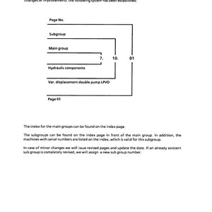 May include: Diagram explaining a system for finding information, with labels for Page No., Subgroup, Main group, Hydraulic components, and Var. displacement double pump LPVD. Text explains the system's use for changes.