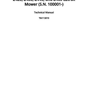 May include: White cover of a technical manual for Z425, Z435, Z445, and Z465 EZtrak Mower (S.N. 100001-). The text "Technical Manual" and "TM113019" are also visible. Published on 1 December 2015.