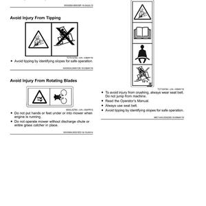 May include: A manual page featuring safety labels. The labels warn against crushing, tipping, and rotating blades. Symbols include a person, a book, and a machine with a warning triangle. Text provides safety advice.